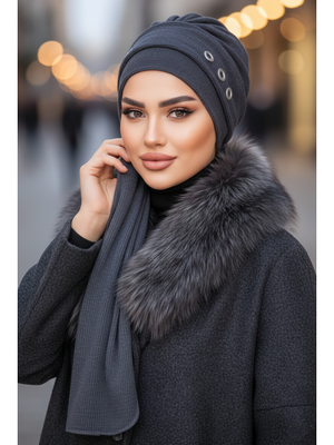 AİŞE TESETTÜR Antrasit Metal Detaylı Kışlık Atkılı Bone