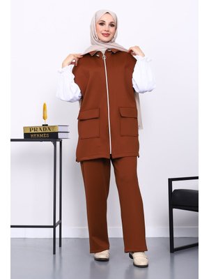 İmaj Butik Kahverengi Fermuarlı Yelek Pantolonlu Scuba Takım