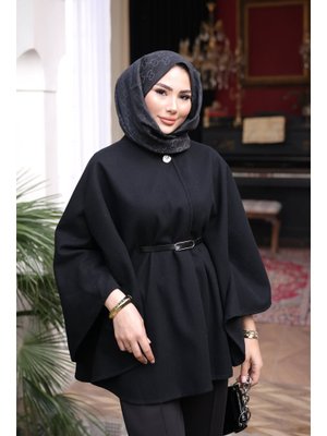 İmaj Butik Siyah Kemerli Kaşe Panço