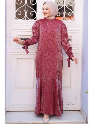 Neva Style Desenli Bordo Saten Elbise 4457br
