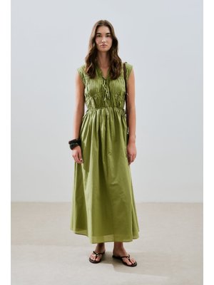 MANUKA Yeşil Büzgülü Bağlama Detaylı Elbise