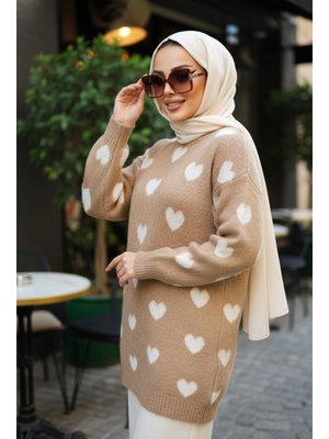 Neva Style Kalp Desenli Camel Triko Kazak Tunik 8688c