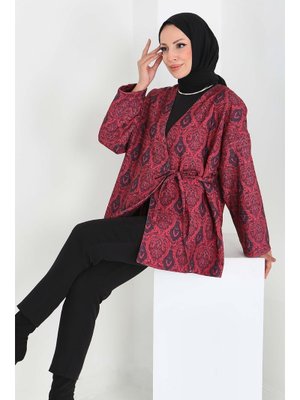 Tofisa Kırmızı Etnik Desenli Önden Bağlamlalı Ceket