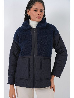 Bigdart Lacivert Peluş Detaylı Oversize Şişme Mont