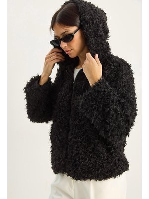 Bianco Lucci Siyah Kapüşonlu Astarlı Teddy Mont