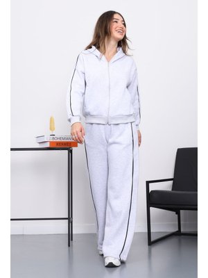 İmaj Butik Gri Kapüşonlu Üç İplik Sweat Hırka Pantolonlu Takım