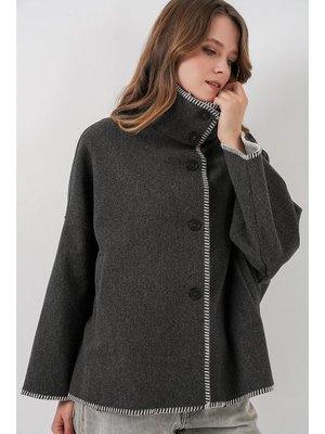 Bigdart Antrasit Nakışlı Kaşe Ceket