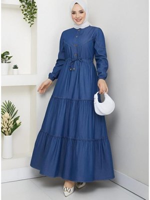 Harmatime butik Dantel Detaylı Düğmeli Ve Bağcıklı Koyu Kot Mavi Elbise