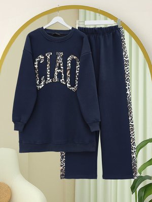 Podyumplus Laci Önü Yazılı Leopar Deseni Detaylı Üç İplik Sweat Takım