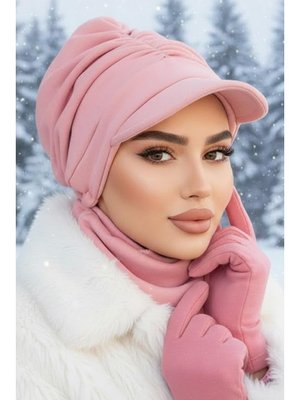 AİŞE TESETTÜR Pudra Kışlık Büzgülü Şapka Ve Etol Takım