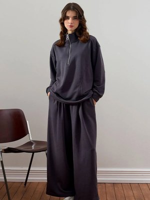 Ceylan Otantik Antrasit İplik Yarım Fermuarlı Eşofman Takım