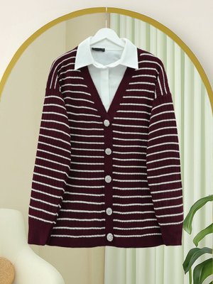 Podyumplus Bordo Taş Detaylı Düğmeli Triko Hırka