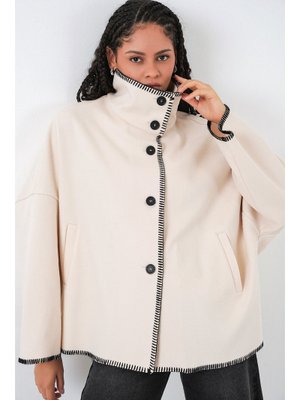 Bigdart Ekru Nakışlı Kaşe Ceket