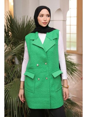 İmaj Butik Yeşil Kruvaze Yaka Cepli Buklet Yelek