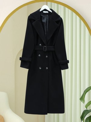 Podyumplus Siyah Önü Düğmeli Beli Ve Kolu Kemerli Cepli Astarlı Kaşe Kap