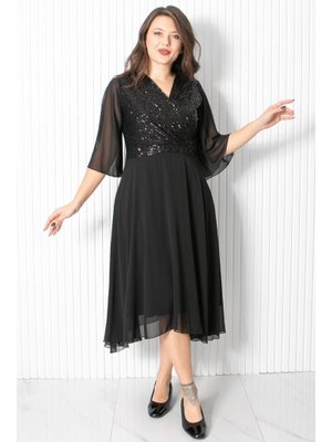 FAHİMA Siyah Pul Payet Detaylı Abiye Elbise