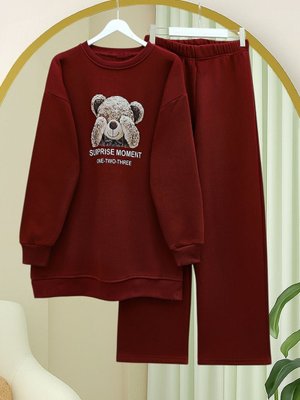 Podyumplus Bordo Ayıcık Baskılı Şardonlu İplik Sweat Takım