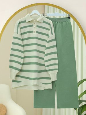 Podyumplus Yeşil Polo Yaka Düğmeli Çizgili Triko Takım