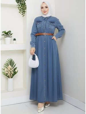 Harmatime butik Düğmeli Kemerli Denim Kot Mavi Elbise