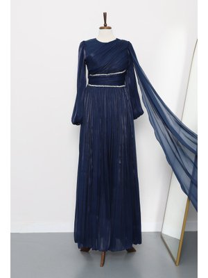 İmaj Butik Lacivert Bel Büzgülü Taşlı Abiye Elbise