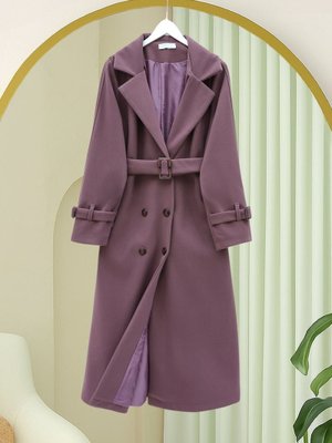 Podyumplus Vişne Önü Düğmeli Beli Ve Kolu Kemerli Cepli Astarlı Kaşe Kap