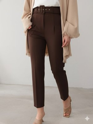 Podyumplus K. Kahve Kalın Kemerli Kumaş Pantolon