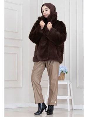 Sevitli Kahverengi Şal Yaka Cırt Cırtlı Suni Kürk