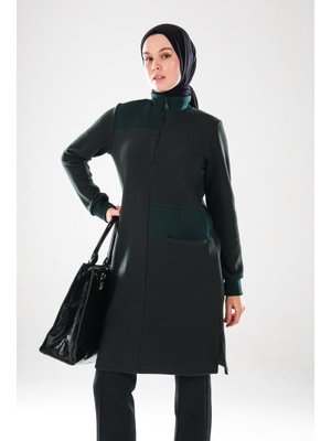 Plistre 2291_ Fermuarlı Dik Yaka, Taş İşlemeli, Cepli, Uzun Kol, Yırtmaçlı, Tunik Elbise Yeşil