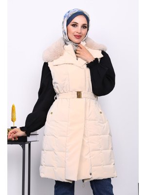 İmaj Butik Krem Yaka Kürklü Lastik Kemerli Uzun Şişme Yelek
