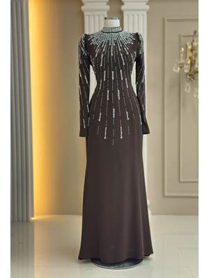 Amine Hüma Kahverengi Ayla Abiye Elbise