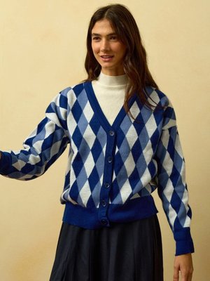 Ceylan Otantik Lacivert Baklava Desenli Triko Hırka