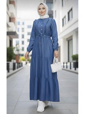 Harmatime butik Fırfır Detaylı Düğmeli Koyu Kot Mavi Elbise