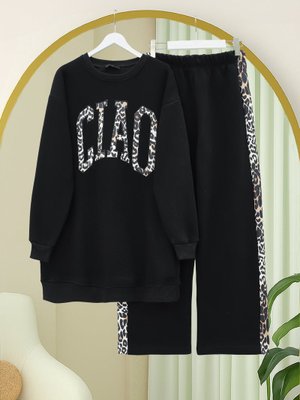 Podyumplus Siyah Önü Yazılı Leopar Deseni Detaylı Üç İplik Sweat Takım