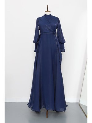 İmaj Butik Lacivert Yandan Bağlamalı Abiye Elbise