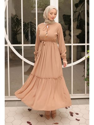 İmaj Butik Bisküvi Eteği Katlı Kuşaklı Şifon Elbise