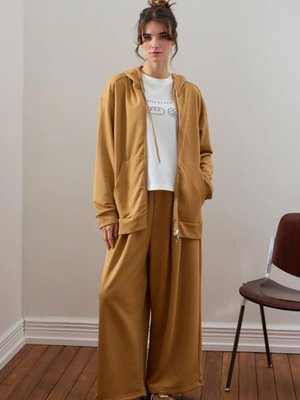 Ceylan Otantik Karamel İplik Uzun Fermuarlı Eşofman Takım