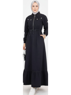 Harmatime butik Cep Detaylı Fermuarlı Siyah Kot Elbise