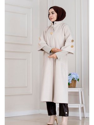 Sevitli Taş Hakim Yaka Broş Düğme Detaylı Kaban