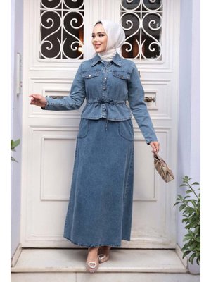 Neva Style Koyu Mavi Kot Elbiseli İkili Takım 44652km