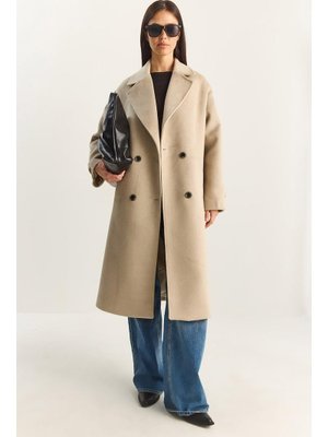 Bianco Lucci Bej Kruvaze Yaka Astarlı Oversize Uzun Kaşe Kaban