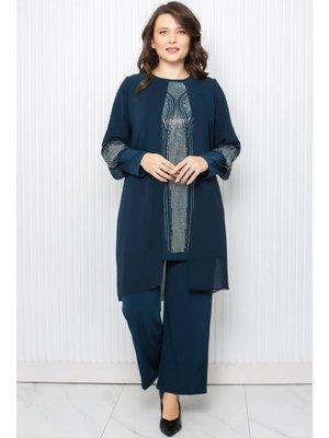 FAHİMA Lacivert Taş Baskı Detaylı İkili Takım