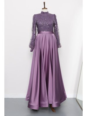 İmaj Butik Lila Boncuklu İşlemeli Saten Abiye Elbise
