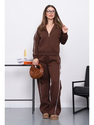 İmaj Butik Kahverengi Kapüşonlu Üç İplik Sweat Hırka Pantolonlu Takım