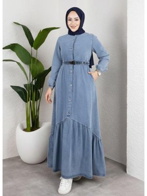 Harmatime butik Düğmeli Kuşaklı Denim Kot Mavi Elbise