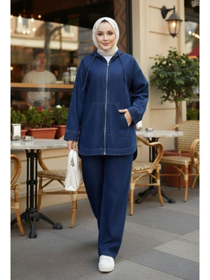 Harmatime butik Kapüşonlu Cepli Koyu Kot Mavi Tunik Pantolon Takım