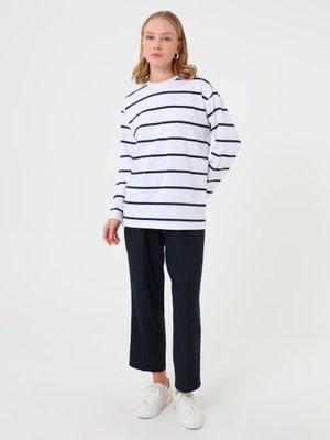 Benin Basic Tunik Ekru Lacivert Çizgili