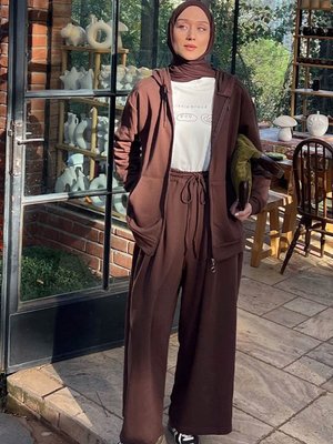 Ceylan Otantik Acı Kahve İplik Uzun Fermuarlı Eşofman Takım