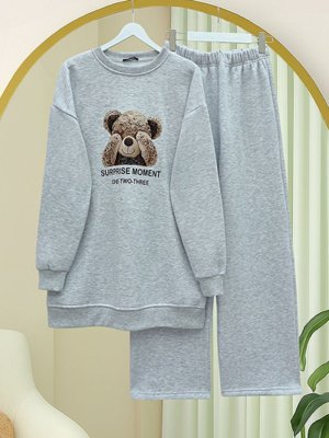 Podyumplus Açık Gri Ayıcık Baskılı Şardonlu İplik Sweat Takım