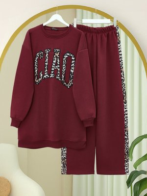Podyumplus Bordo Önü Yazılı Leopar Deseni Detaylı Üç İplik Sweat Takım