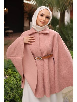 İmaj Butik Gül Kurusu Kemerli Buklet Panço